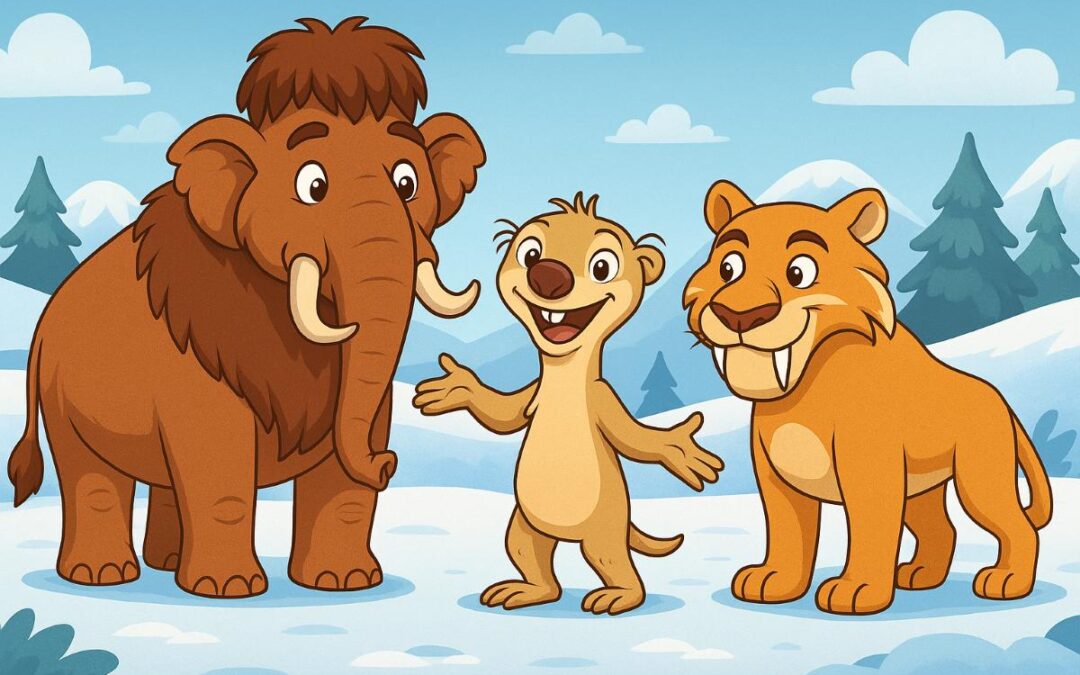 Karlı bir vadide mamut, sevimli tembel hayvan ve kedi benzeri dost hayvanların masalsı yolculuğunu gösteren çizim.