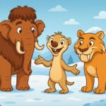 Karlı bir vadide mamut, sevimli tembel hayvan ve kedi benzeri dost hayvanların masalsı yolculuğunu gösteren çizim.