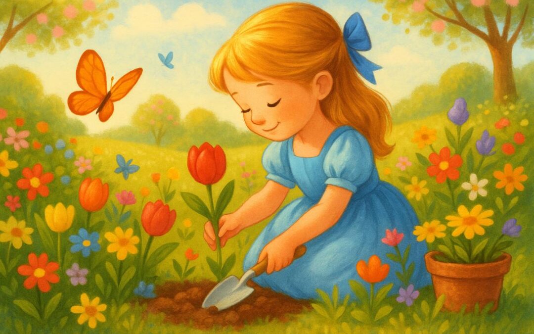 Renkli bir bahar bahçesinde mutlu bir kız çocuğu çiçek ekiyor. Etrafında kelebekler uçuyor, kuşlar ötüyor ve güneş sıcak ışıklarıyla sahneyi aydınlatıyor.