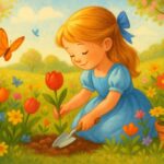 Renkli bir bahar bahçesinde mutlu bir kız çocuğu çiçek ekiyor. Etrafında kelebekler uçuyor, kuşlar ötüyor ve güneş sıcak ışıklarıyla sahneyi aydınlatıyor.