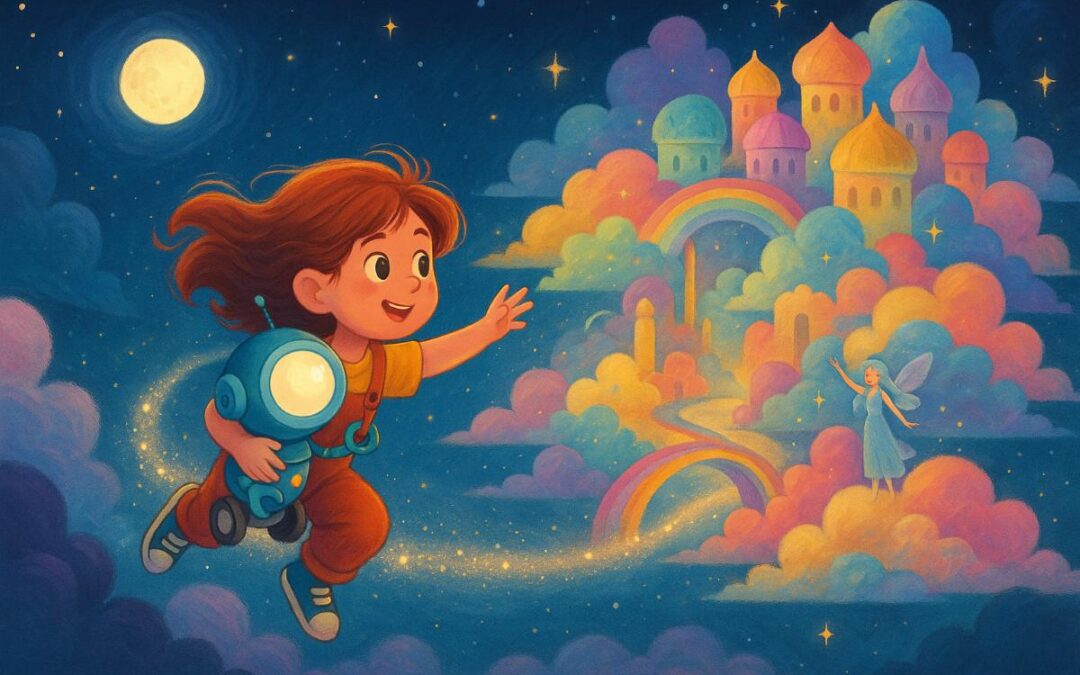 Pastel tonlarda tasarlanmış, çocuklara uygun bir illüstrasyonda Lina adlı küçük kız ve robot arkadaşı Pik-Pik, gökyüzündeki Bulutlar Şehri’nde duruyor.