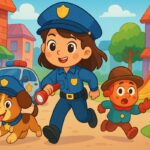Renkli bir şehir mahallesinde genç bir kız çocuk polisi ve dedektif köpeği, kaybolan oyuncakları ararken gülümsüyor.