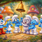 Şirinler Köyü’nde büyük ağacın altındaki altın çanın etrafında toplanan Şirin Baba, Şirine ve diğer Şirinler, yeni dostlarıyla mutlu şekilde gülümsüyor.